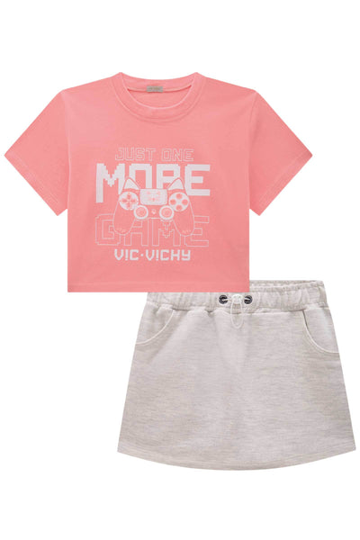 Conjunto de Camiseta Boxy em Meia Malha e Short Saia em Moletom 85302 Vic&Vicky Teen Menina