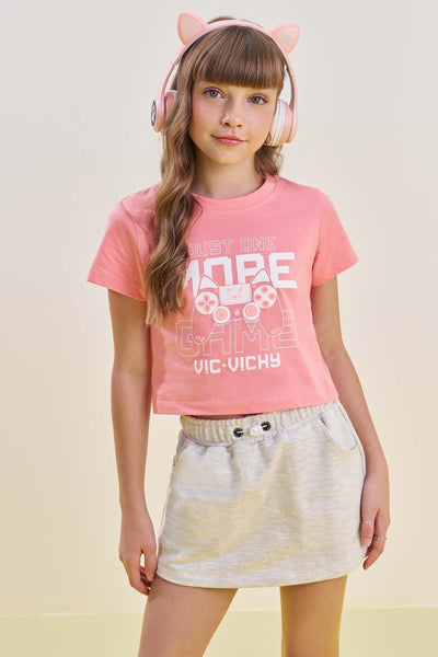 Conjunto de Camiseta Boxy em Meia Malha e Short Saia em Moletom 85302 Vic&Vicky Teen Menina