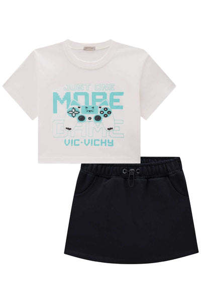 Conjunto de Camiseta Boxy em Meia Malha e Short Saia em Moletom 85302 Vic&Vicky Teen Menina