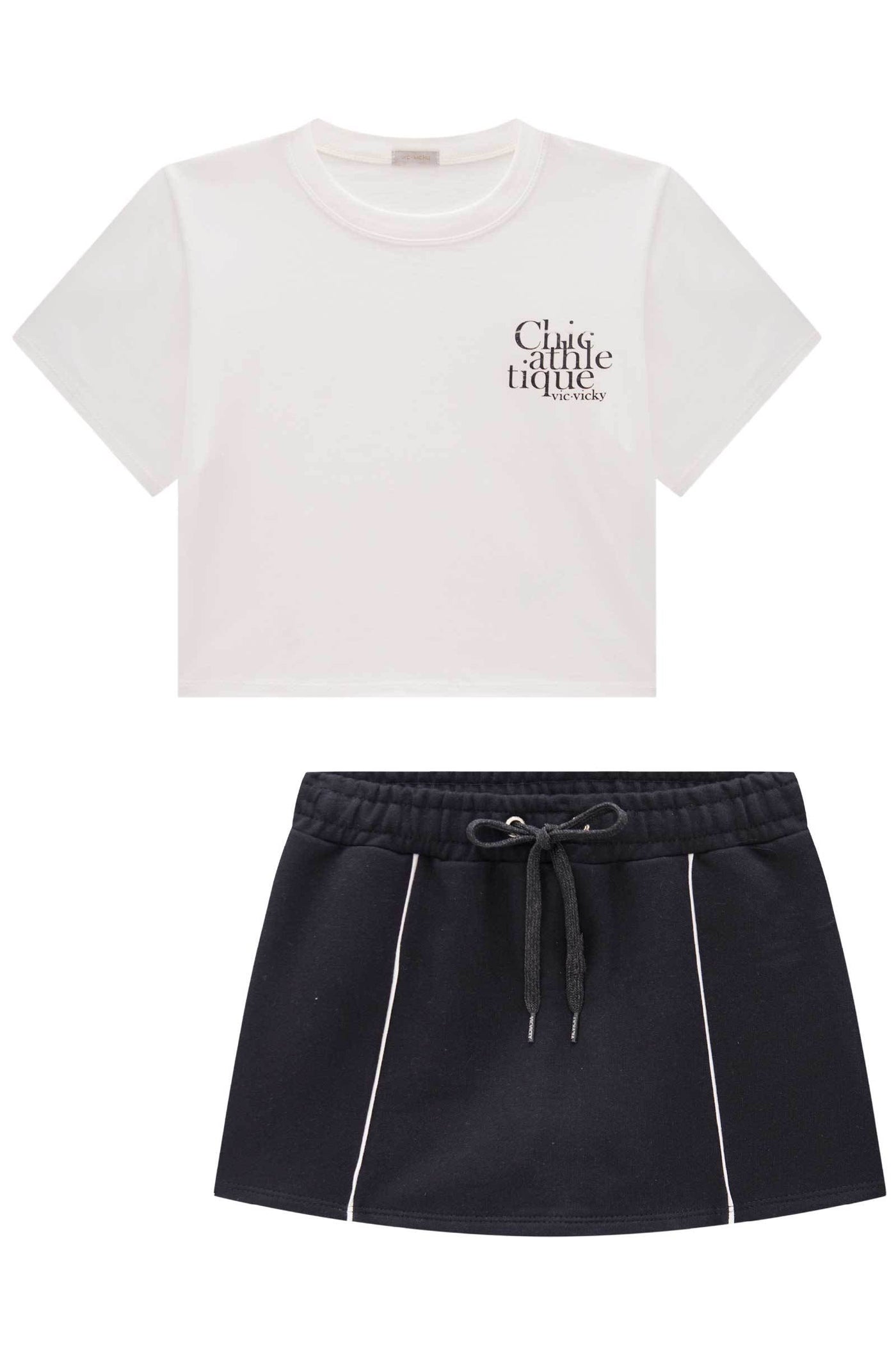 Conjunto de Camiseta Boxy Over em Meia Malha e Short Saia em Moletom 85172 Vic&Vicky Teen Menina