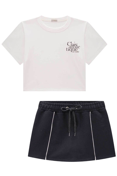 Conjunto de Camiseta Boxy Over em Meia Malha e Short Saia em Moletom 85172 Vic&Vicky Teen Menina