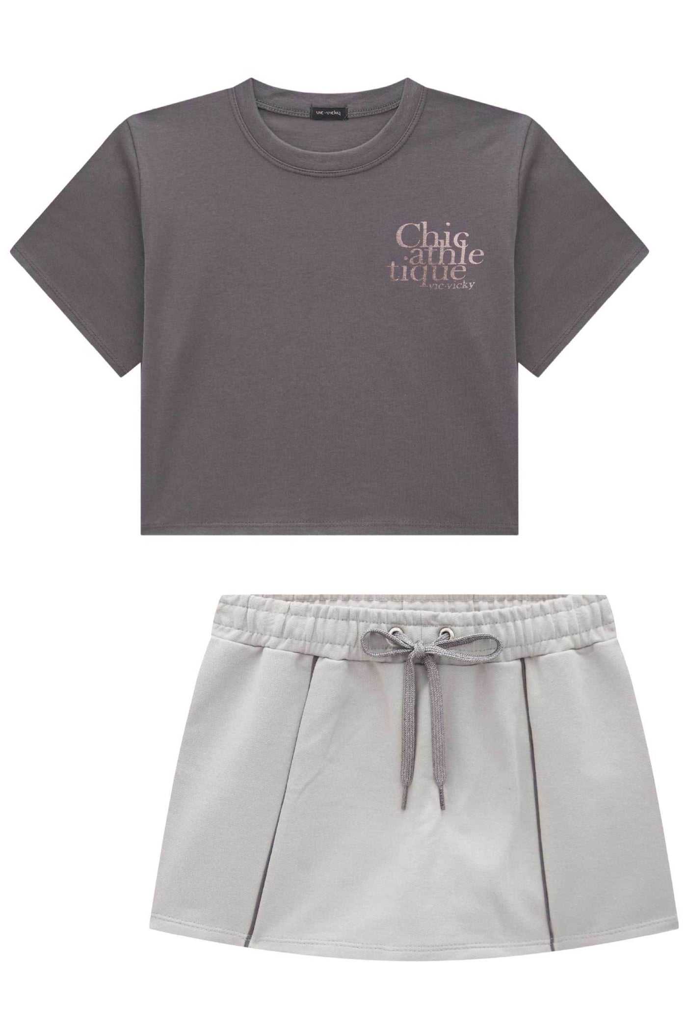 Conjunto de Camiseta Boxy Over em Meia Malha e Short Saia em Moletom 85172 Vic&Vicky Teen Menina