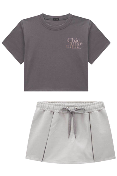 Conjunto de Camiseta Boxy Over em Meia Malha e Short Saia em Moletom 85172 Vic&Vicky Teen Menina