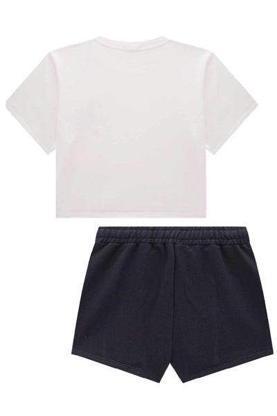 Conjunto de Camiseta Boxy Over em Meia Malha e Short Saia em Moletom 85172 Vic&Vicky Teen Menina