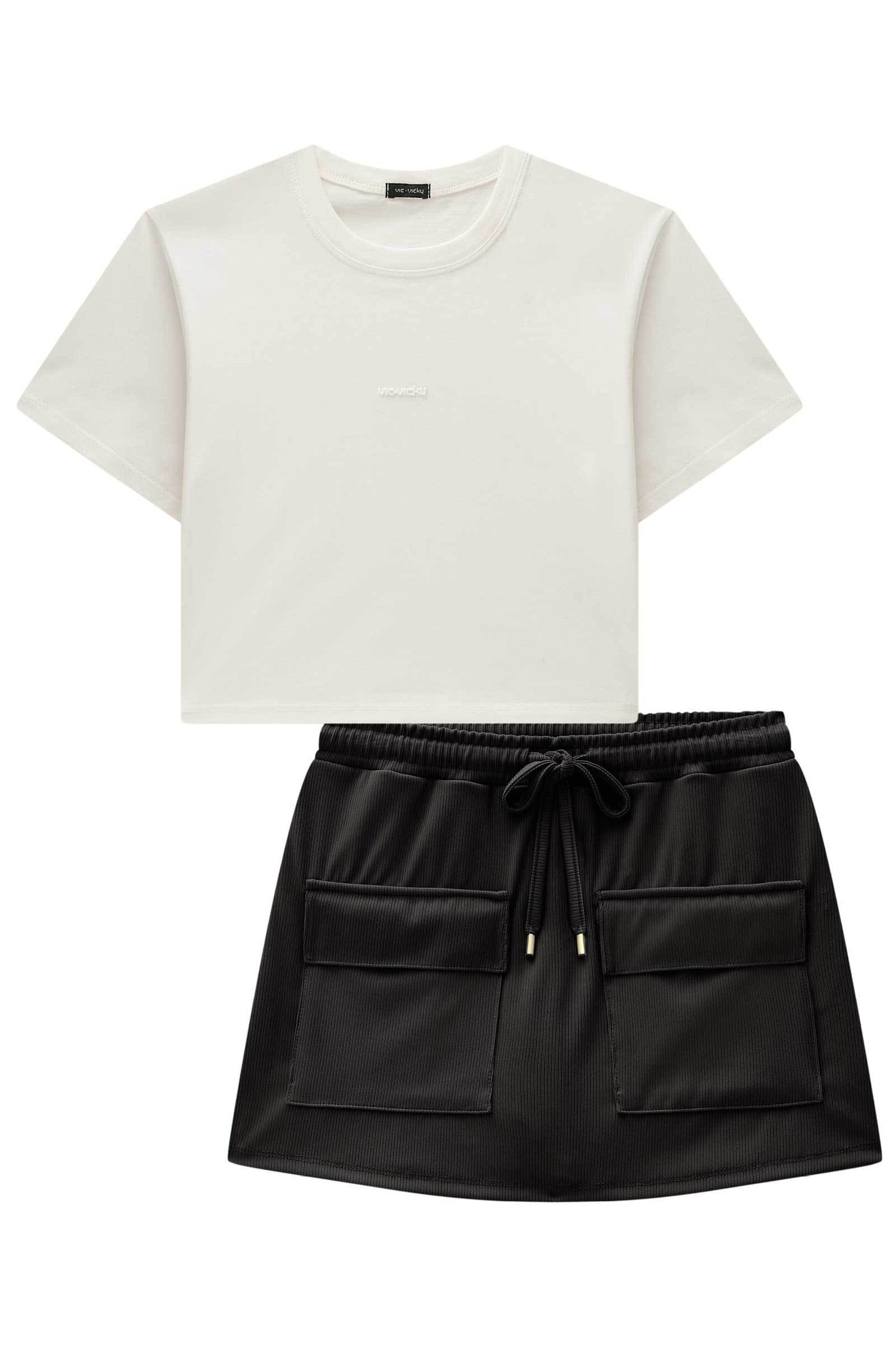 Conjunto de Camiseta Boxy Over em Meia Malha e Short Saia em Ribana Fancy 84968 Vic&Vicky Teen Menina