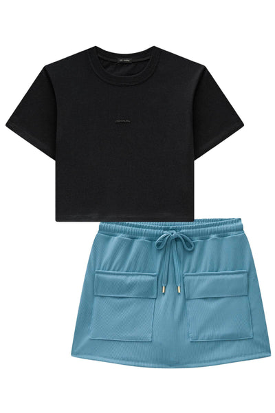 Conjunto de Camiseta Boxy Over em Meia Malha e Short Saia em Ribana Fancy 84968 Vic&Vicky Teen Menina