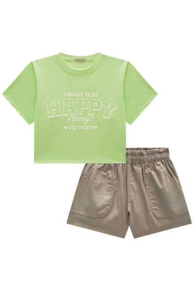 Conjunto de Camiseta Boxy Over em Meia Malha e Shorts em Sarja com Elastano 85193 Vic&Vicky Teen Menina