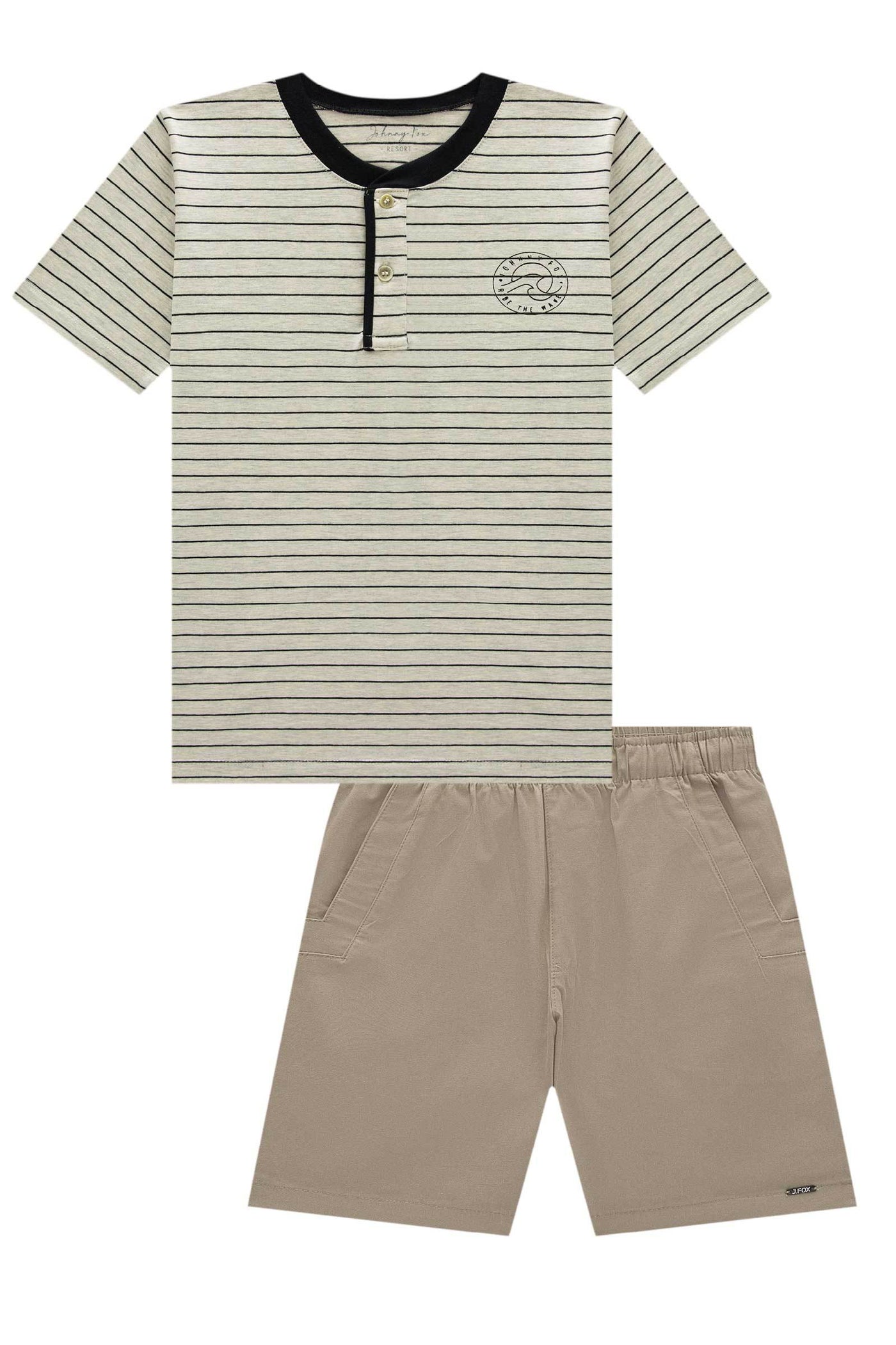 Conjunto de Camiseta em Cotton Listrado Fio Tinto e Bermuda em Sarja Caribe com Elastano 84132 Johnny Fox Teen Menino