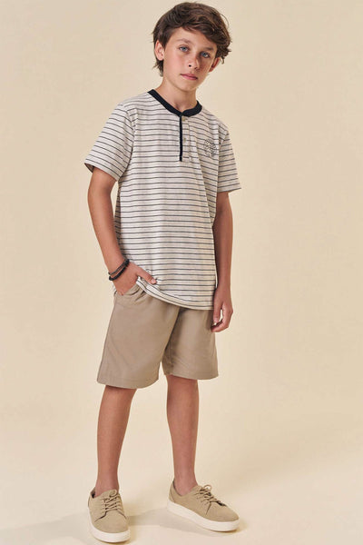 Conjunto de Camiseta em Cotton Listrado Fio Tinto e Bermuda em Sarja Caribe com Elastano 84132 Johnny Fox Teen Menino