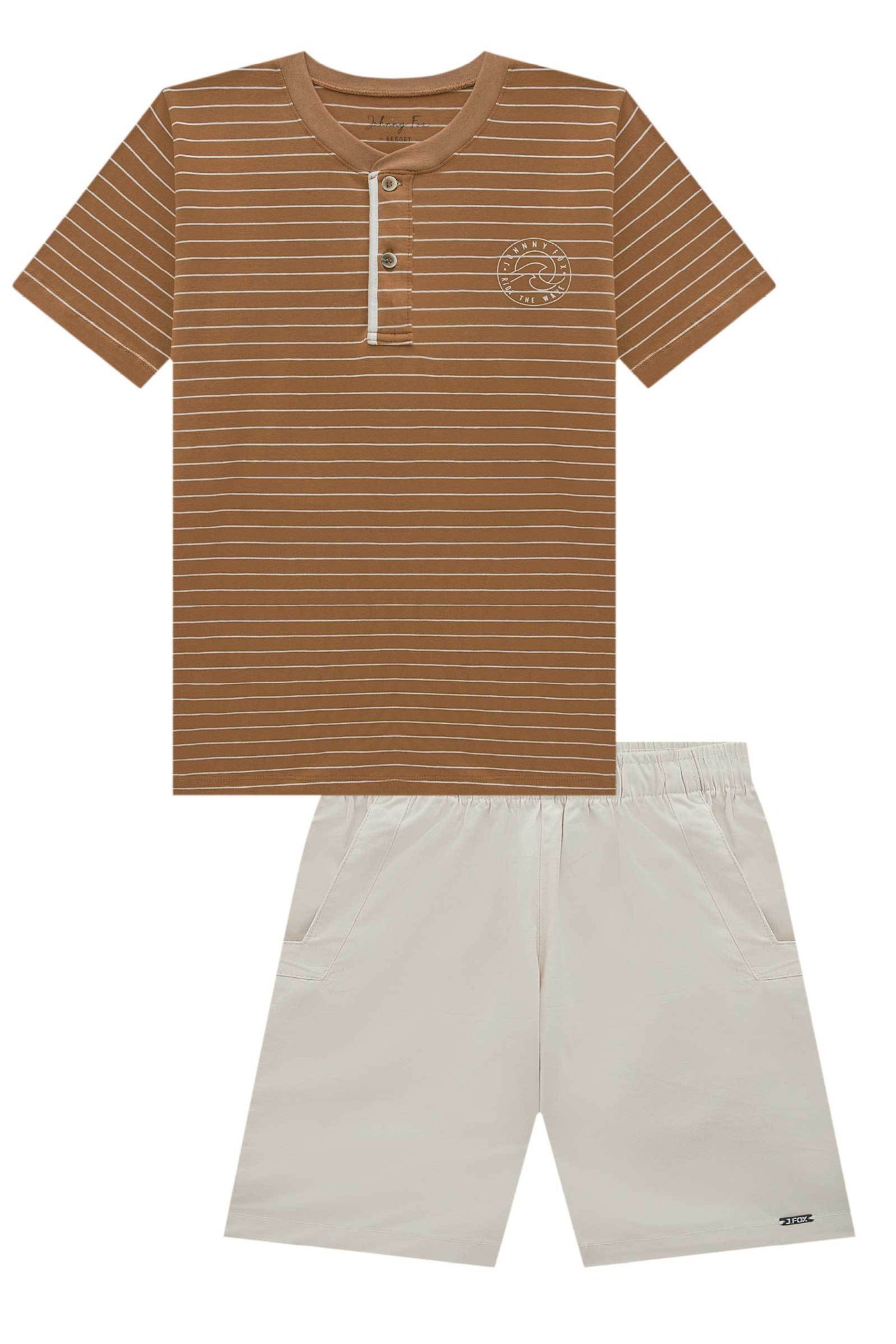 Conjunto de Camiseta em Cotton Listrado Fio Tinto e Bermuda em Sarja Caribe com Elastano 84132 Johnny Fox Teen Menino