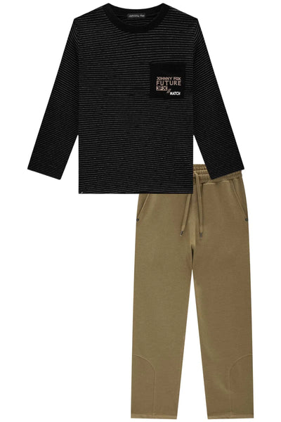 Conjunto de Camiseta em Cotton Listrado Fio Tinto e Calça Comfy em Cotton Jeans C/elastano 80726 Johnny Fox Teen Menino