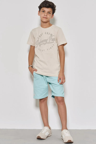 Conjunto de Camiseta em Meia Malha e Bermuda em Moletom sem Pelúcia 87696 Johnny Fox Teen Menino