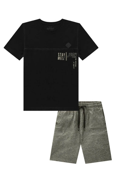 Conjunto de Camiseta em Meia Malha e Bermuda em Sarja Melange com Elastano 87655 Johnny Fox Teen Menino