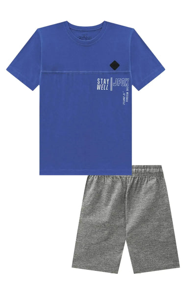 Conjunto de Camiseta em Meia Malha e Bermuda em Sarja Melange com Elastano 87655 Johnny Fox Teen Menino