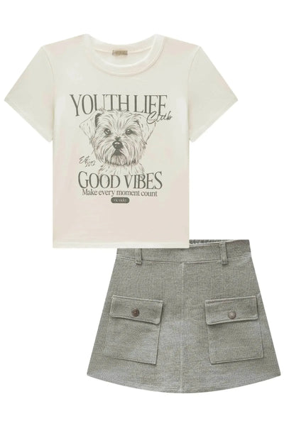 Conjunto de Camiseta em Meia Malha e Short Saia em Moletom sem Pelúcia 87524 Vic&Vicky Teen Menina