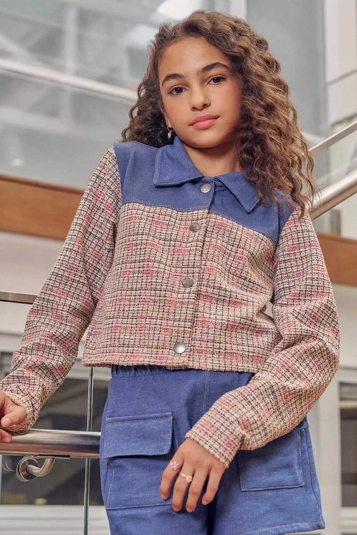 Conjunto de Jaqueta Cropped e Shorts em Tweed e Malha Denim 80706 Vic&Vicky Teen Menina