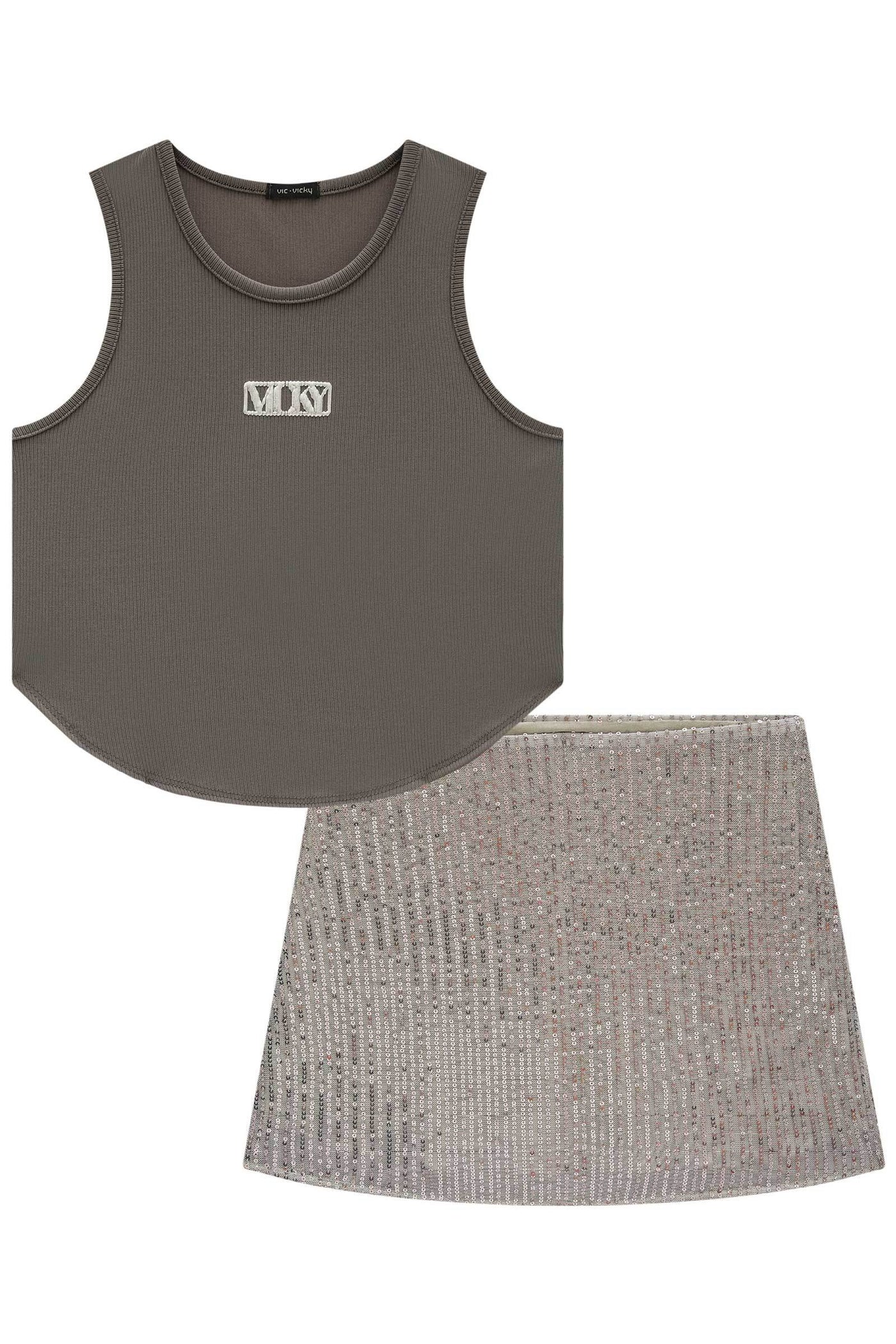 Conjunto de Regata Cropped em Ribana Fancy e Saia em Paetê 84655 Vic&Vicky Teen Menina