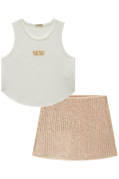 Conjunto de Regata Cropped em Ribana Fancy e Saia em Paetê 84655 Vic&Vicky Teen Menina