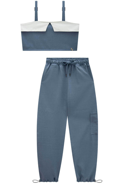 Conjunto de Top Cropped e Calça em Alfaiataria Risca de Giz 83930 Vic&Vicky Teen Menina
