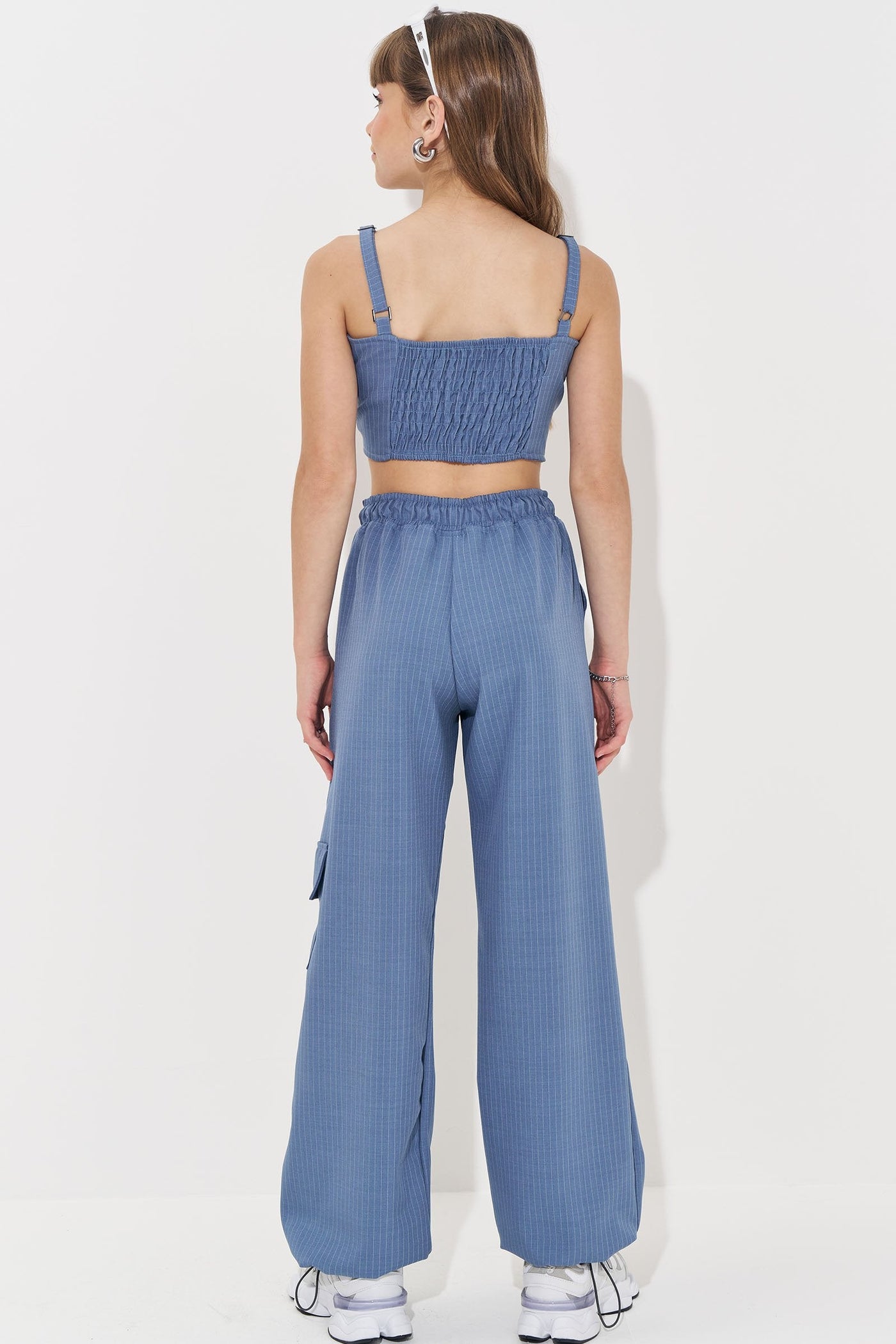 Conjunto de Top Cropped e Calça em Alfaiataria Risca de Giz 83930 Vic&Vicky Teen Menina