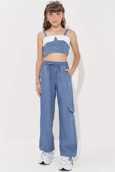 Conjunto de Top Cropped e Calça em Alfaiataria Risca de Giz 83930 Vic&Vicky Teen Menina