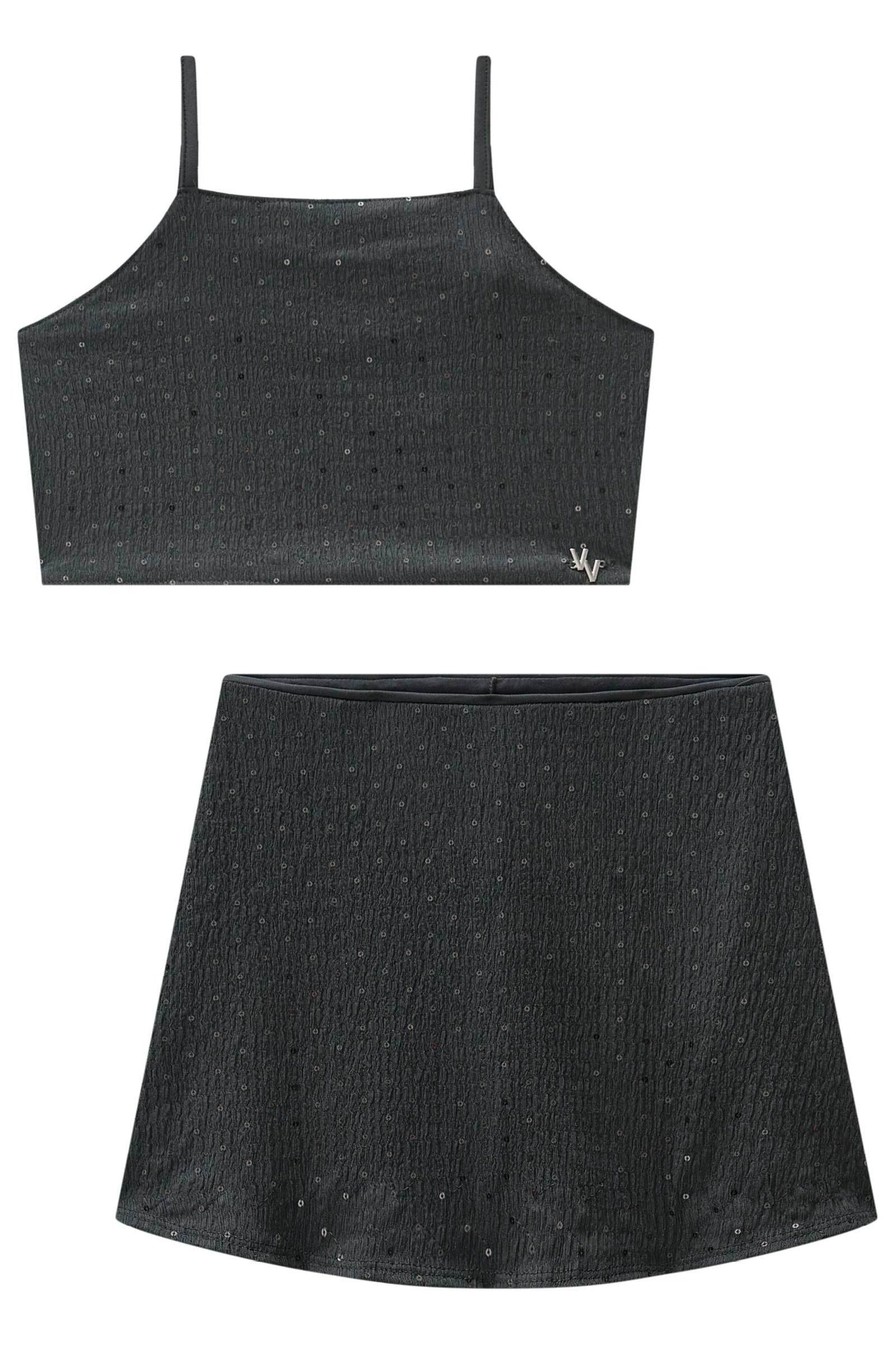 Conjunto de Top Cropped e Saia em Anarruga Bordada Paetê 83694 Vic&Vicky Teen Menina