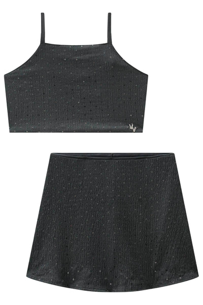 Conjunto de Top Cropped e Saia em Anarruga Bordada Paetê 83694 Vic&Vicky Teen Menina