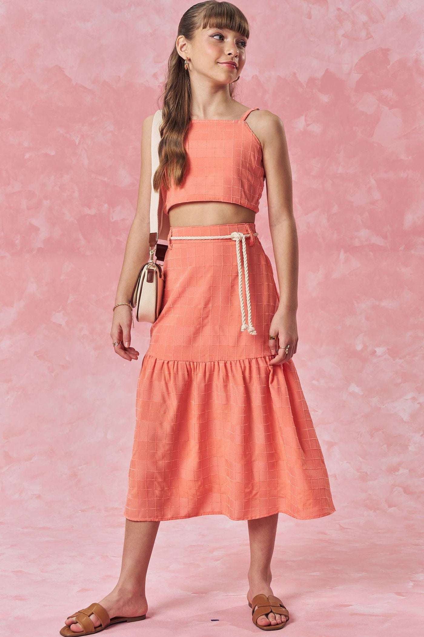 Conjunto de Top Cropped e Saia New Midi em Tecido Grid Chenille 83716 Vic&Vicky Teen Menina