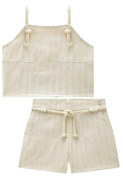 Conjunto de Top Cropped e Shorts em Linho Bordado Prata 86696 Vic&Vicky Teen Menina
