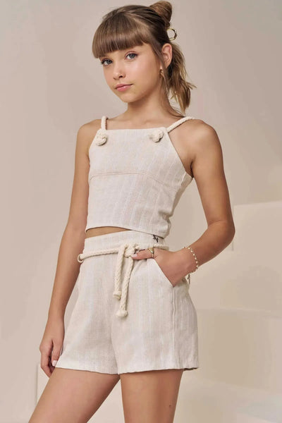 Conjunto de Top Cropped e Shorts em Linho Bordado Prata 86696 Vic&Vicky Teen Menina
