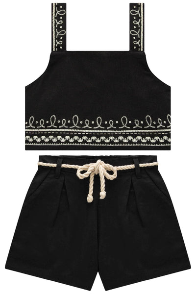 Conjunto de Top Cropped e Shorts em Sarja com Elastano 84910 Vic&Vicky Teen Menina