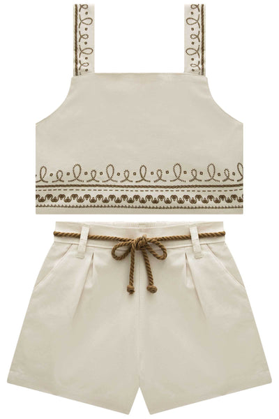 Conjunto de Top Cropped e Shorts em Sarja com Elastano 84910 Vic&Vicky Teen Menina