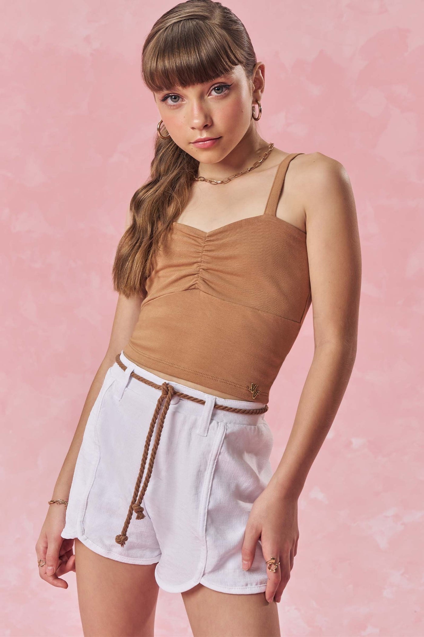 Conjunto de Top Cropped em Cotton e Shorts em New Linen 85199 Vic&Vicky Teen Menina