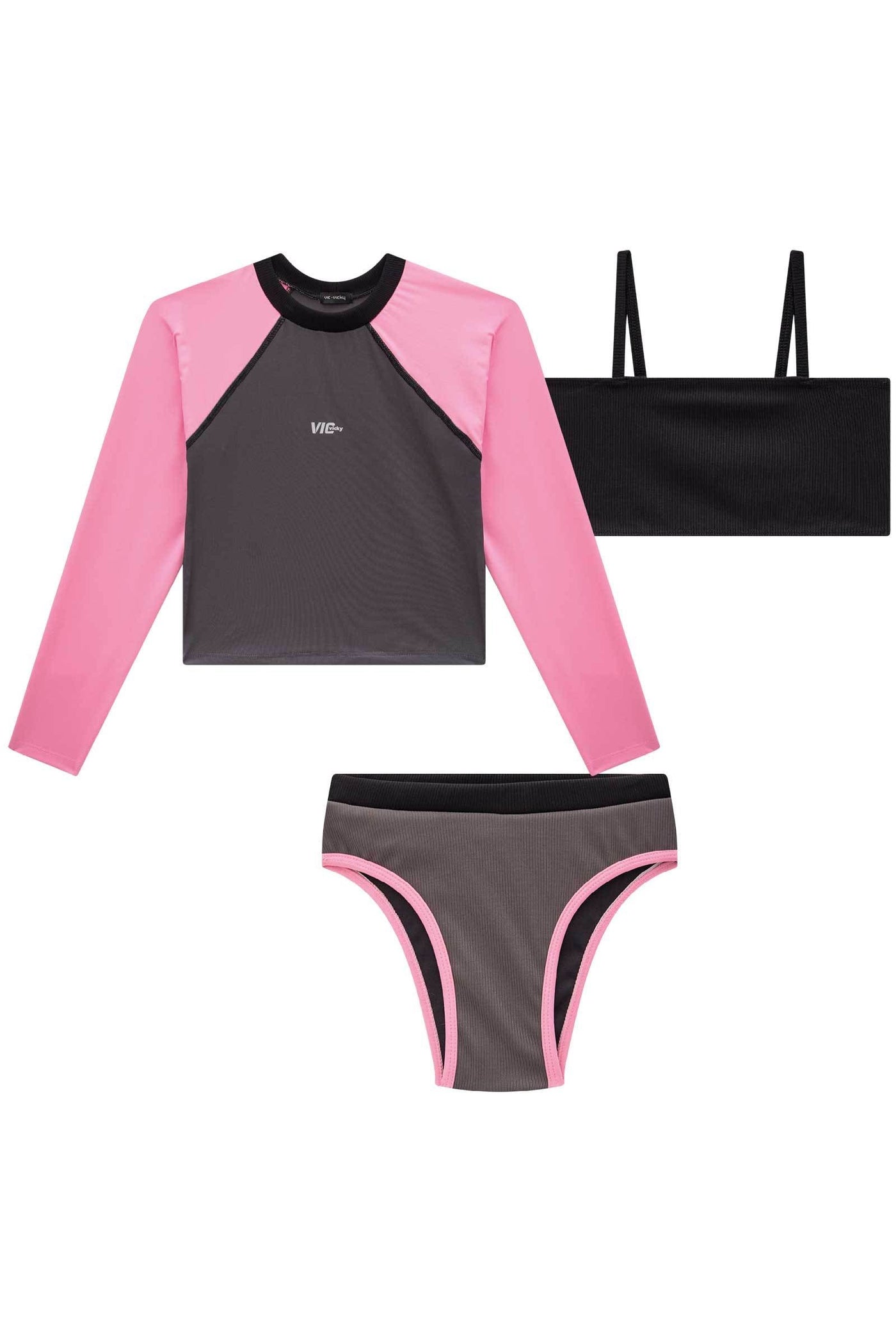 Trio de Biquini e Blusa Manga Longa em Malha UV 50+ e Textura Canelada 84385 Vic&Vicky Teen Menina