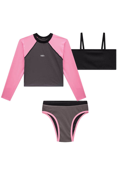 Trio de Biquini e Blusa Manga Longa em Malha UV 50+ e Textura Canelada 84385 Vic&Vicky Teen Menina