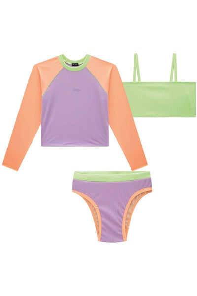 Trio de Biquini e Blusa Manga Longa em Malha UV 50+ e Textura Canelada 84385 Vic&Vicky Teen Menina