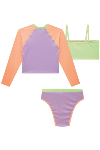 Trio de Biquini e Blusa Manga Longa em Malha UV 50+ e Textura Canelada 84385 Vic&Vicky Teen Menina