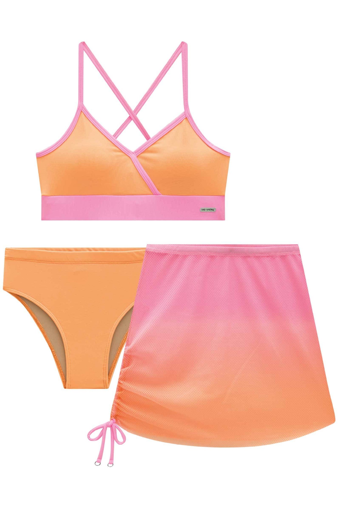 Trio de Biquini Tradicional em Malha UV 50+ e Saia em Tela Fashion 84382 Vic&Vicky Teen Menina