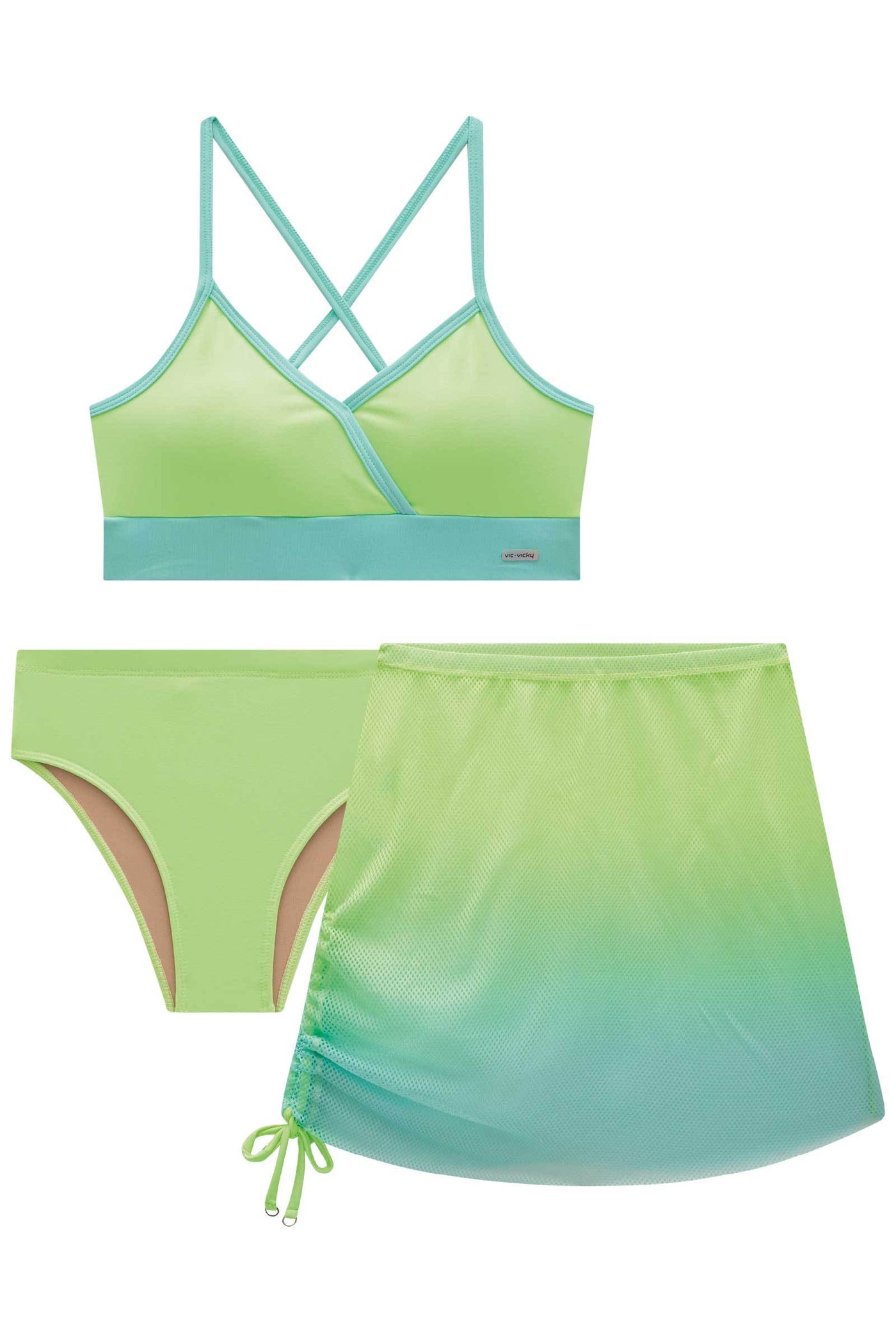 Trio de Biquini Tradicional em Malha UV 50+ e Saia em Tela Fashion 84382 Vic&Vicky Teen Menina