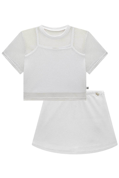 Trio de Blusa Boxy Sobreposição e Saia em Tela Glamour e Top em Cotton 84960 Vic&Vicky Teen Menina