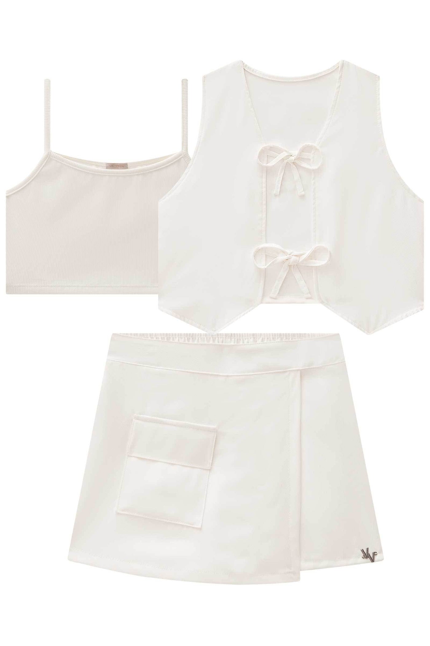 Trio de Colete e Short Saia em Alfaiataria Twill e Top em Ribana Fancy 83915 Vic&Vicky Teen Menina