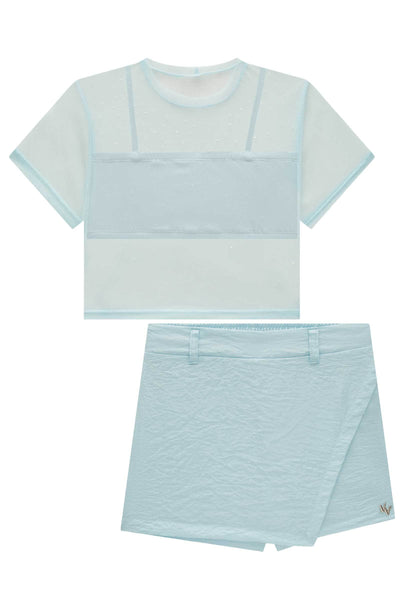 Trio de Sobreposição em Tule Top em Malha e Short Saia em Alfaiataria Glow 83214 Vic&Vicky Teen Menina