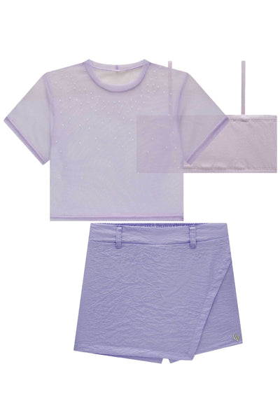 Trio de Sobreposição em Tule Top em Malha e Short Saia em Alfaiataria Glow 83214 Vic&Vicky Teen Menina